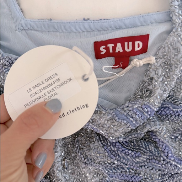 STAUD Le Sable Hand Beaded Mini Dress Periwinkle Floral Blue NEW with tags - Picture 4 of 6